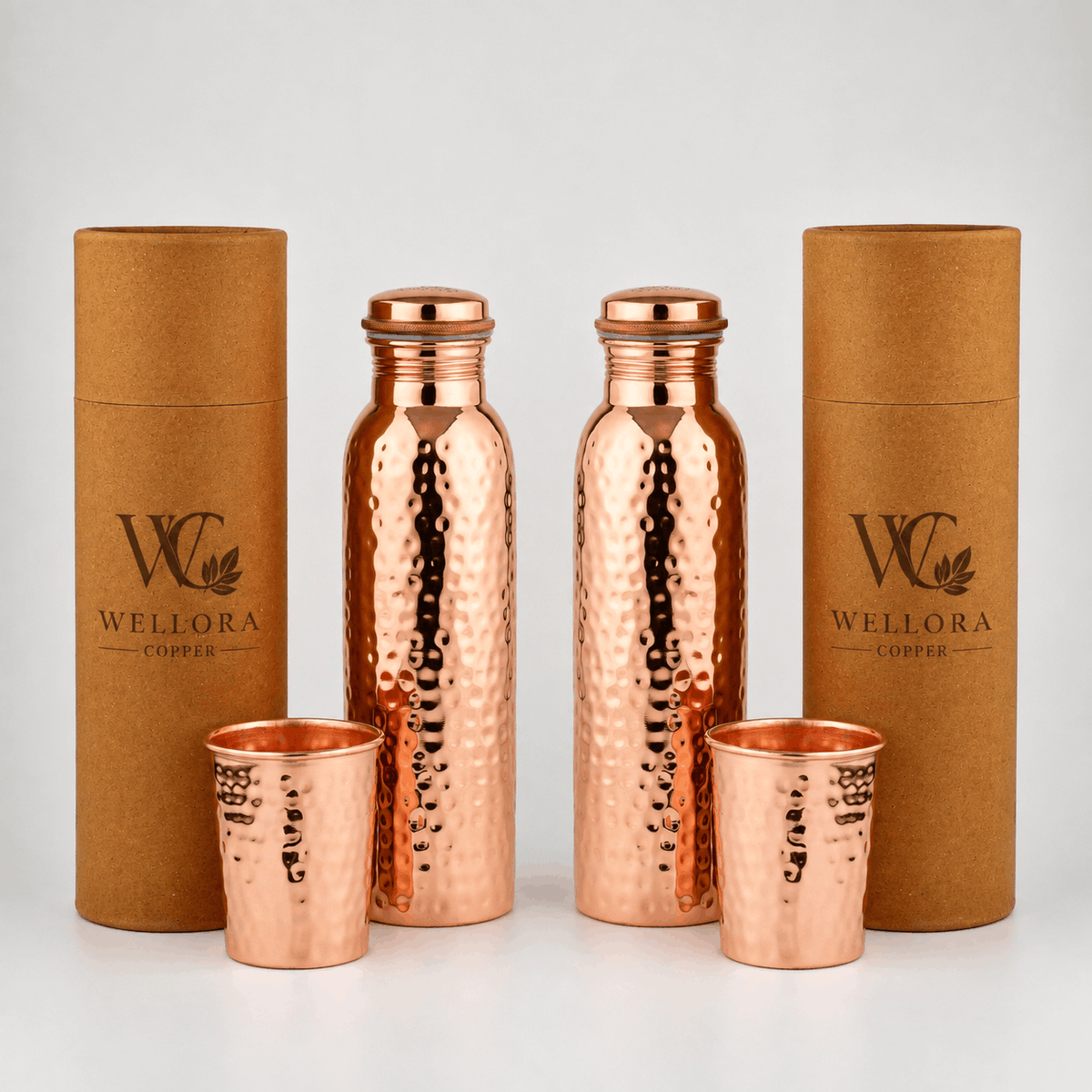 Wellora Gifting Duo  2 Hammered Bottles & 2 Glasses