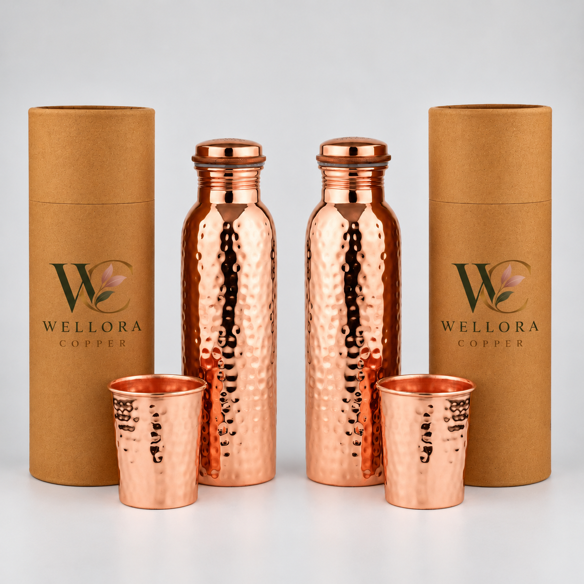 Wellora Gifting Duo  2 Hammered Bottles & 2 Glasses